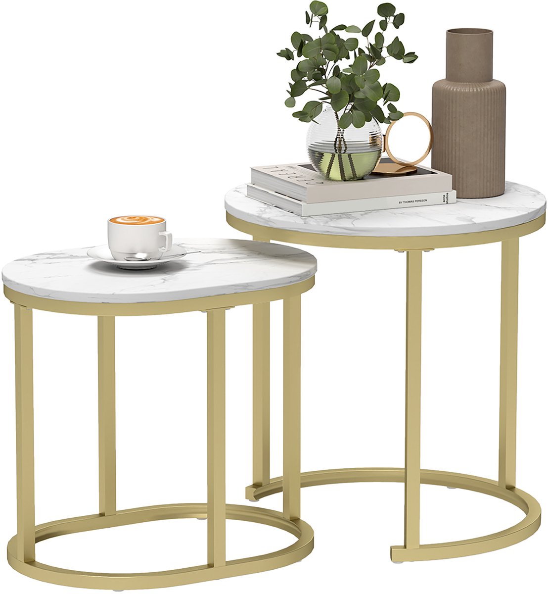 2-delige set salontafels met gouden frame – moderne ronde salontafels – geschikt voor de woonkamer, slaapkamer, het balkon of kantoor