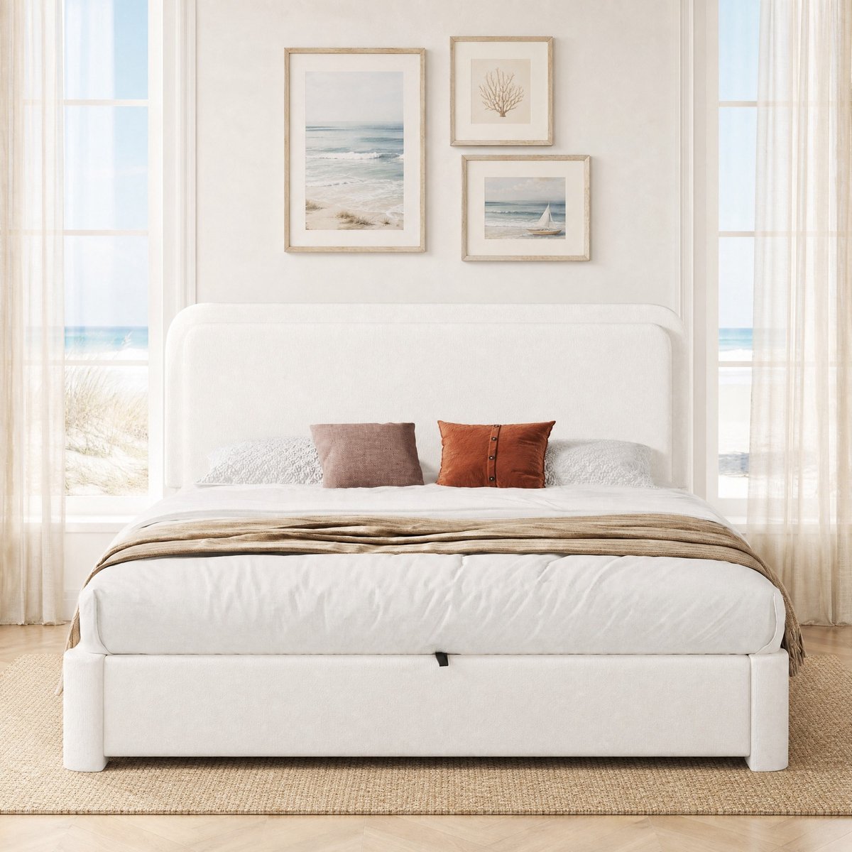 Gestoffeerd Bed 160x200 cm - Dubbel Bed Met Verstelbaar Hoofdeinde En Grote Opbergruimte - Met Lattenbodem - Bouclé - Wit - Zonder Matras