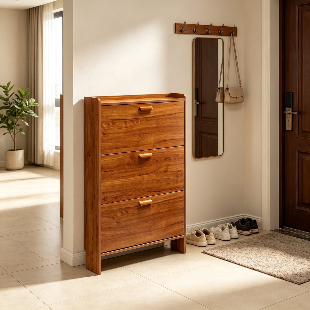 Deze ultradunne walnootkleurige opklapbare schoenenkast heeft drie opklapbare deuren en planken Dankzij het smalle ontwerp is hij geschikt voor gangen kleine appartementen en woningen Afmetingen 50*17*115 cm