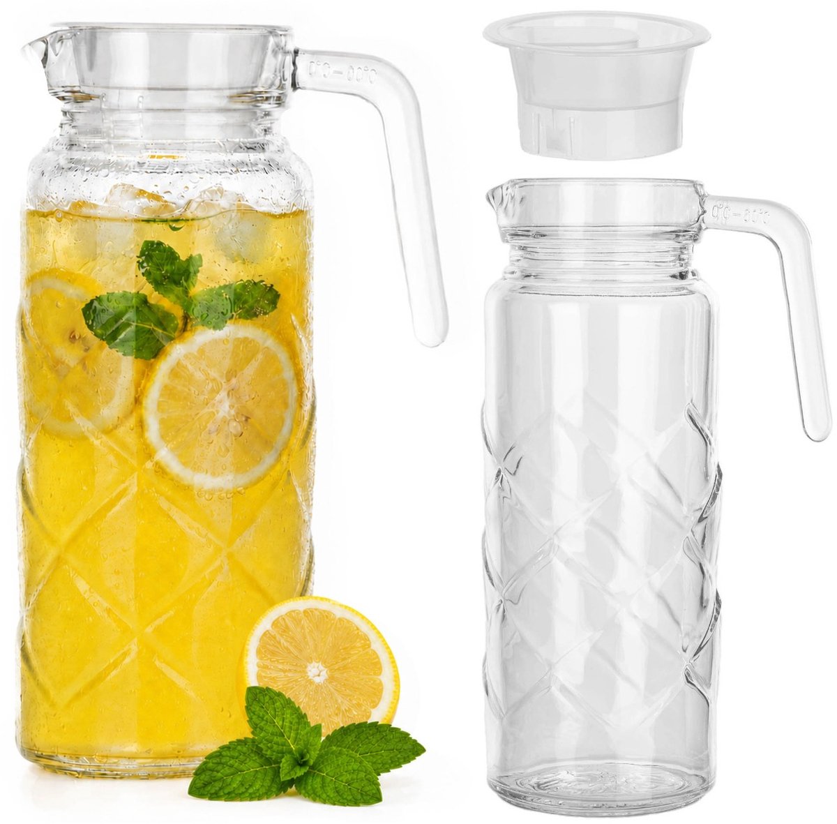 KADAX glazen kan van 1 liter met deksel en handvat, glazen koelkastkan, waterkaraf, kan voor water, limonade en ijsthee, waterkan, sapkan (ruitjes)