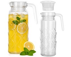 KADAX glazen kan van 1 liter met deksel en handvat, glazen koelkastkan, waterkaraf, kan voor water, limonade en ijsthee, waterkan, sapkan (ruitjes)