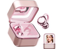 Clip-On Oordopjes Open Ear Koptelefoon Draadloos Bluetooth 6.0 met Make-up Spiegel LED Licht, 48U Speeltijd, IPX6 Waterbestendig, Comfortabel voor de Hele Dag, Ideaal voor Vrouwen, Sport, Workouts (Roségoud)
