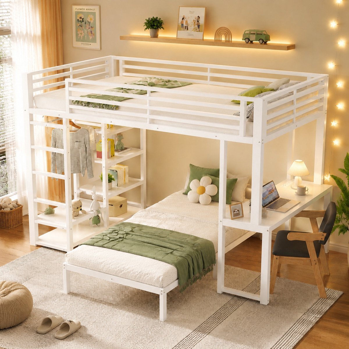 Kinderbed, Twee Slaapruimtes, Stapelbed, IJzeren Frame 90 X 200 cm, Bureau, Dubbel Stopcontact Met USB- En Type-C-Aansluiting, 4 Planken, Kledingkast, EN747-Gecertificeerd, Exclusief Matras, Wit