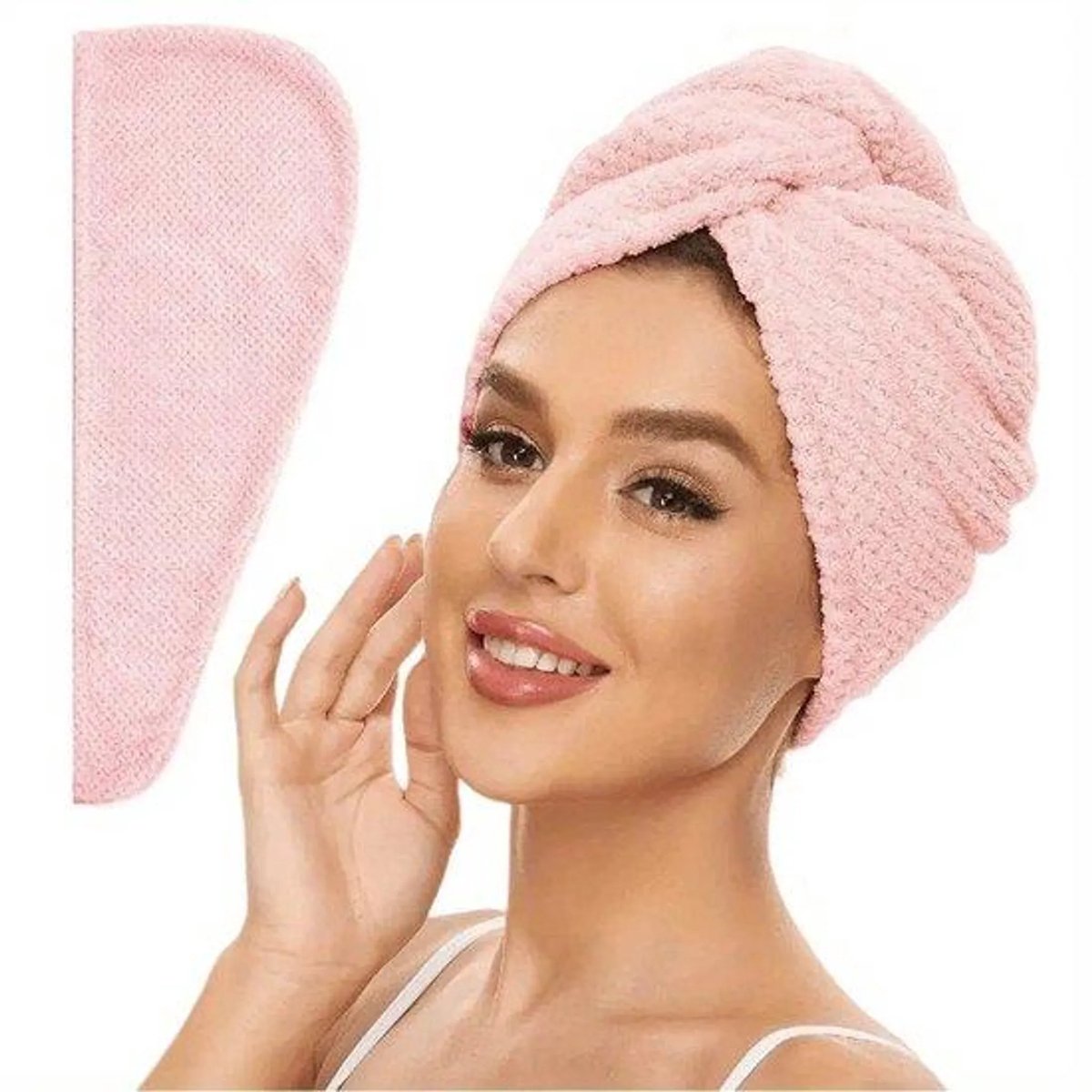 Casalora 2 Stuks Absorberende Haarhanddoek voor Dames – Getextureerde Droge Haarkap, Effen Kleur Licht Roze, Wikkel met Knopsluiting – 65x25.5 cm