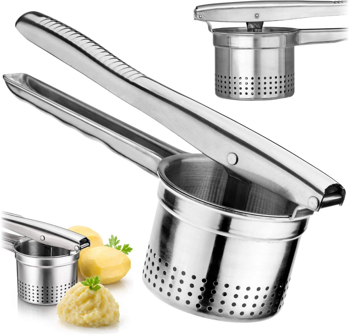 KADAX Aardappelpers voor aardappelpuree, spätzle, groenten, fruitsappen, multipers, aardappelstamper van roestvrij staal, lengte: 24,5 cm, vaatwasmachinebestendig, spätzle pers, zilver