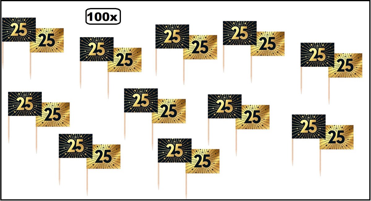 100x Luxe cocktail prikkers 25 zwart/goud - vlagprikkers - Thema feest golden celebrations tapas hapjes feest