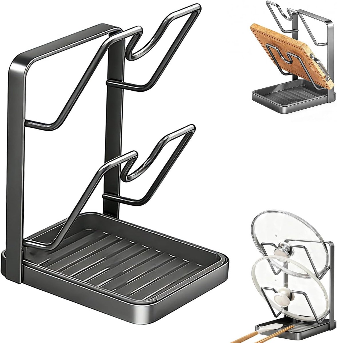 Bestekrek - Afdruiprek - Pot Deksel Organizer - Keukenafdruiprek - Keukenorganizer - Dekselhouder Keuken - Opbergrek voor aanrecht - Roestvrij staal - Voor Pannendeksels, Spatels en Snijplanken - 22.5x18x13.8 cm