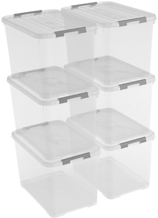 Set van zes transparante Curver Handy+ opbergboxen van 65 liter met grijze deksels.