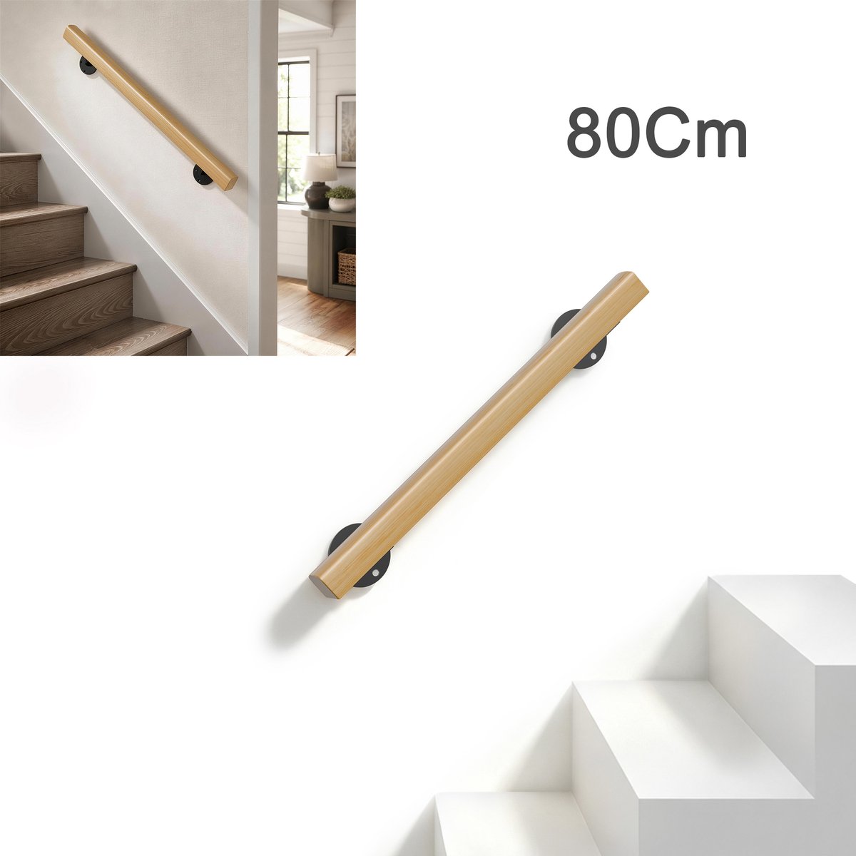 Beukenhouten Trapleuning 80 Cm – Massief Hout 60 x 40 Mm – Platte Wandhandgreep met Stalen Beugels – Wandmontage voor Trap en Gang