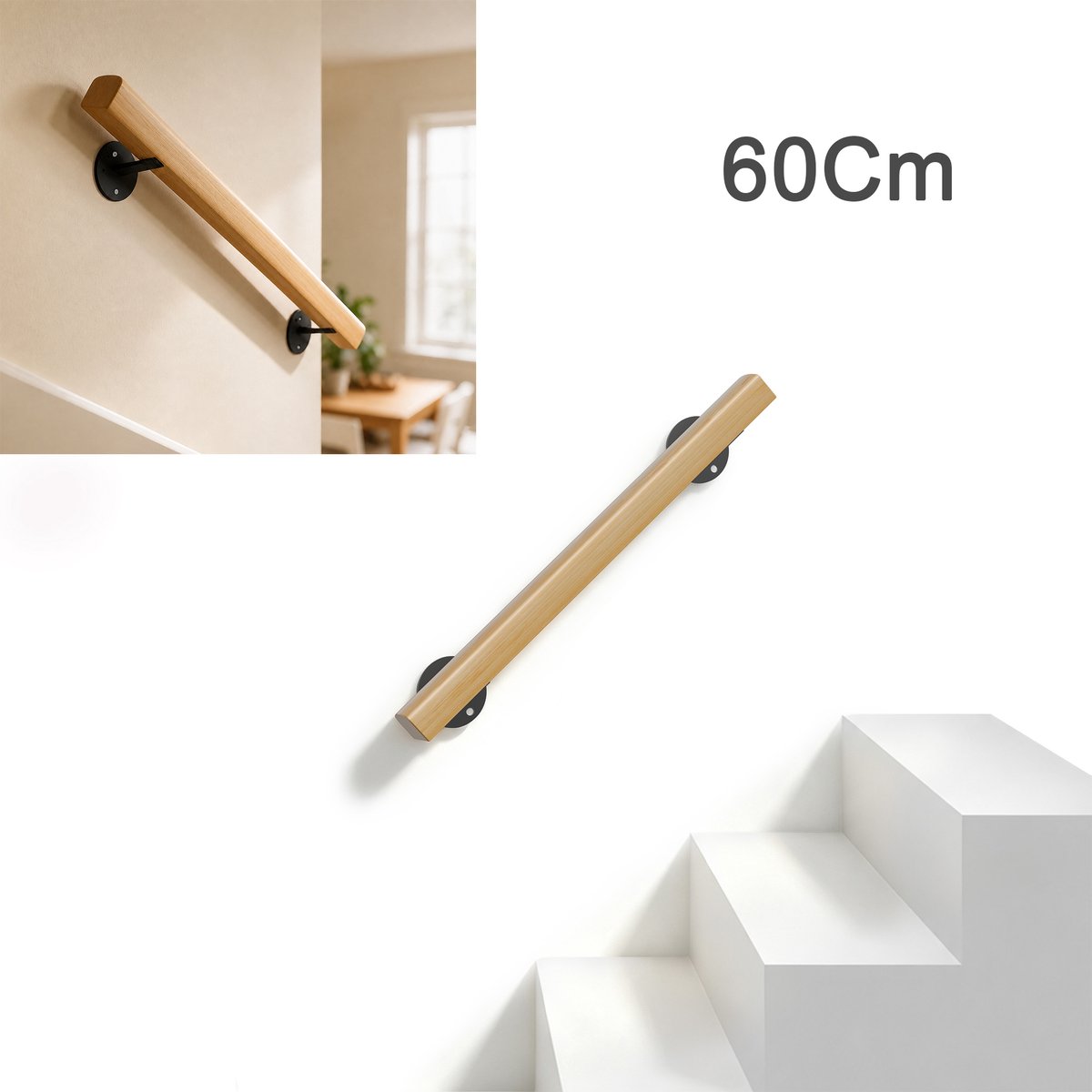 Beukenhouten Trapleuning 60 Cm – Massief Hout 60 x 40 Mm – Platte Wandhandgreep met Stalen Beugels – Wandmontage voor Trap en Gang
