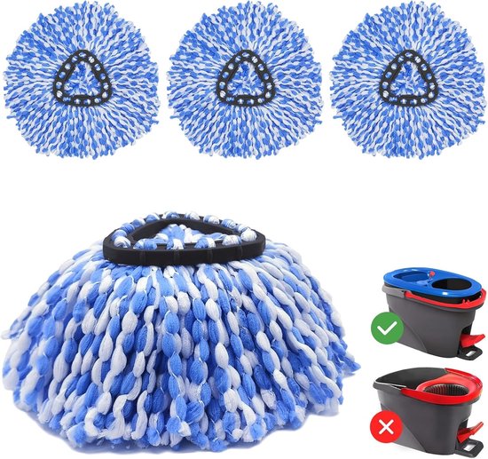 Drie blauw-witte spinmop navullingen boven, één spinmop navulling beneden, met zwarte houder.