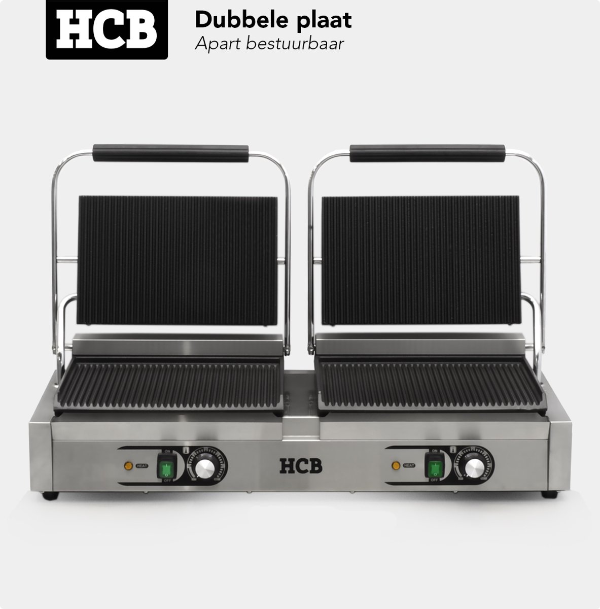 HCB® - Professionele Horeca Paninigrill - dubbel - geribbeld - 2 x 230V - RVS / INOX panini grill - Tosti apparaat - contact grill - 30.5x84.5x20 cm (DxBxH) - 20 kg - 6848 thumbnail 5
