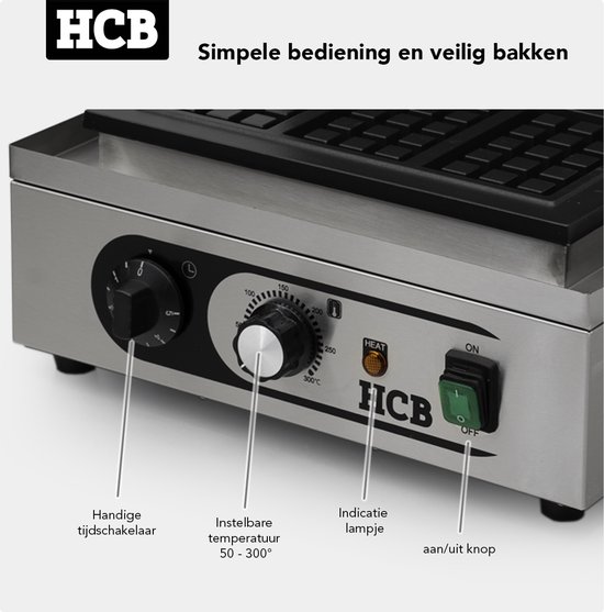 HCB® - Professioneel horeca Wafelijzer voor 4 Luikse wafels - Wafelmaker van RVS / INOX - 27x38x23.5 cm (DxBxH) - 20 kg - 9628 van HCB — afbeelding 3