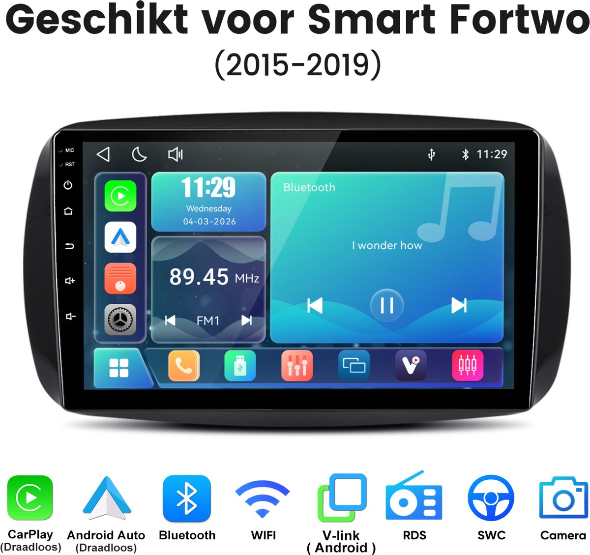 Junsun lINUX Draadloos Carplay & Andriod Auto Autoradio Geschikt voor Smart Fortwo 451 2015-2019 - 9 Inch HD TouchScreen - Bluetooth - GPS navigatie- WiFi - FM - RDS- Airplay