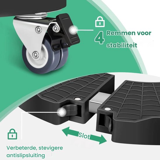 De verrijdbare onderstellen hebben remmen voor stabiliteit en een verbeterde, stevigere antisluiting.