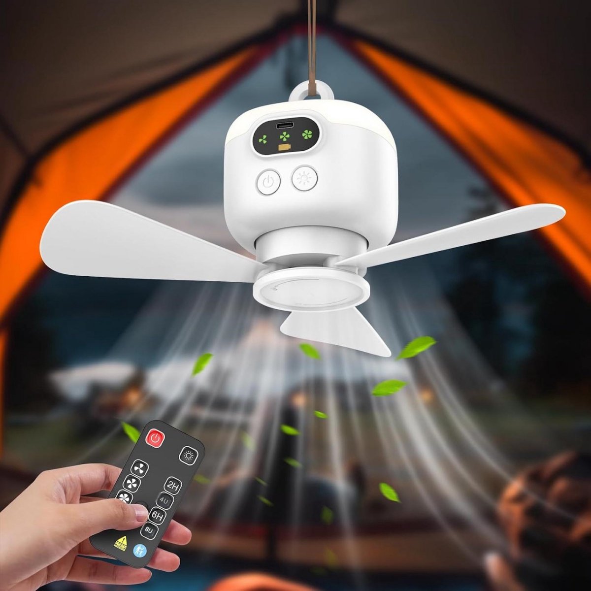 GELLDG Oplaadbare Plafondventilator met Verlichting - Stille Ventilator voor Buiten - 8000mAh USB-Campingleut - Geschikt voor Tent, Tuin en Terras - Plastic - Afmetingen 11x27x27cm