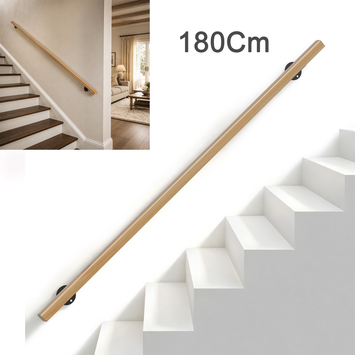 Beukenhouten Trapleuning 180 Cm – Massief Hout 60 x 40 mm – Platte Wandhandgreep met Stalen Beugels – Wandmontage voor Trap en Gang