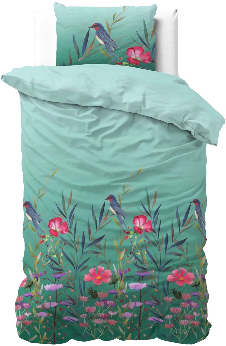 1-persoons dekbedovertrek (dekbed hoes) turquoise / blauw-groen met bloemen en vogels uit de natuur eenpersoons 140 x 220 cm (unisex beddengoed voor jong en oud)