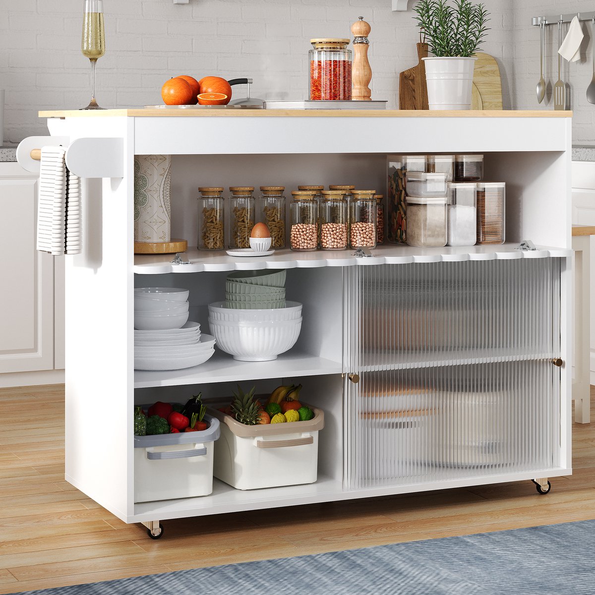 Keukentrolley - met inklapbaar werkblad en opbergruimte - wit en naturel - afmetingen 122 x 46 x 91 cm - voor een praktische keuken