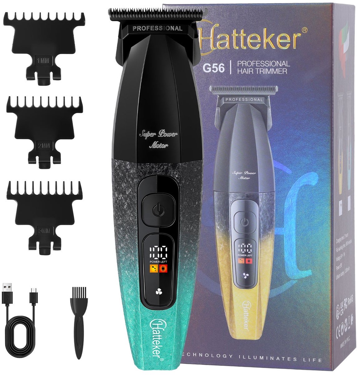 HATTEKER Tondeuse en Baardtrimmer – 8000 RPM – Keramisch Mes – LED-display – 180 min – Groen