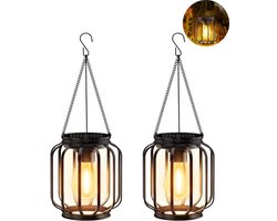 2 stuks - solar smeedijzer holle lantaarn hanglamp - tuin decor hanglamp - retro buiten sfeerlamp - zonne-energie - smeedijzer opengewerkt ontwerp - kolomvormig - tuin, terras, balkon, vakantiehuis buiten decoratie - zwart