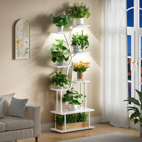 Plantenstandaard met verlichting 8 Niveaus - Plantentrap - 163 cm Hoog - Industrieel Design - Metaal & Hout - Woonkamer & Balkon - Wit