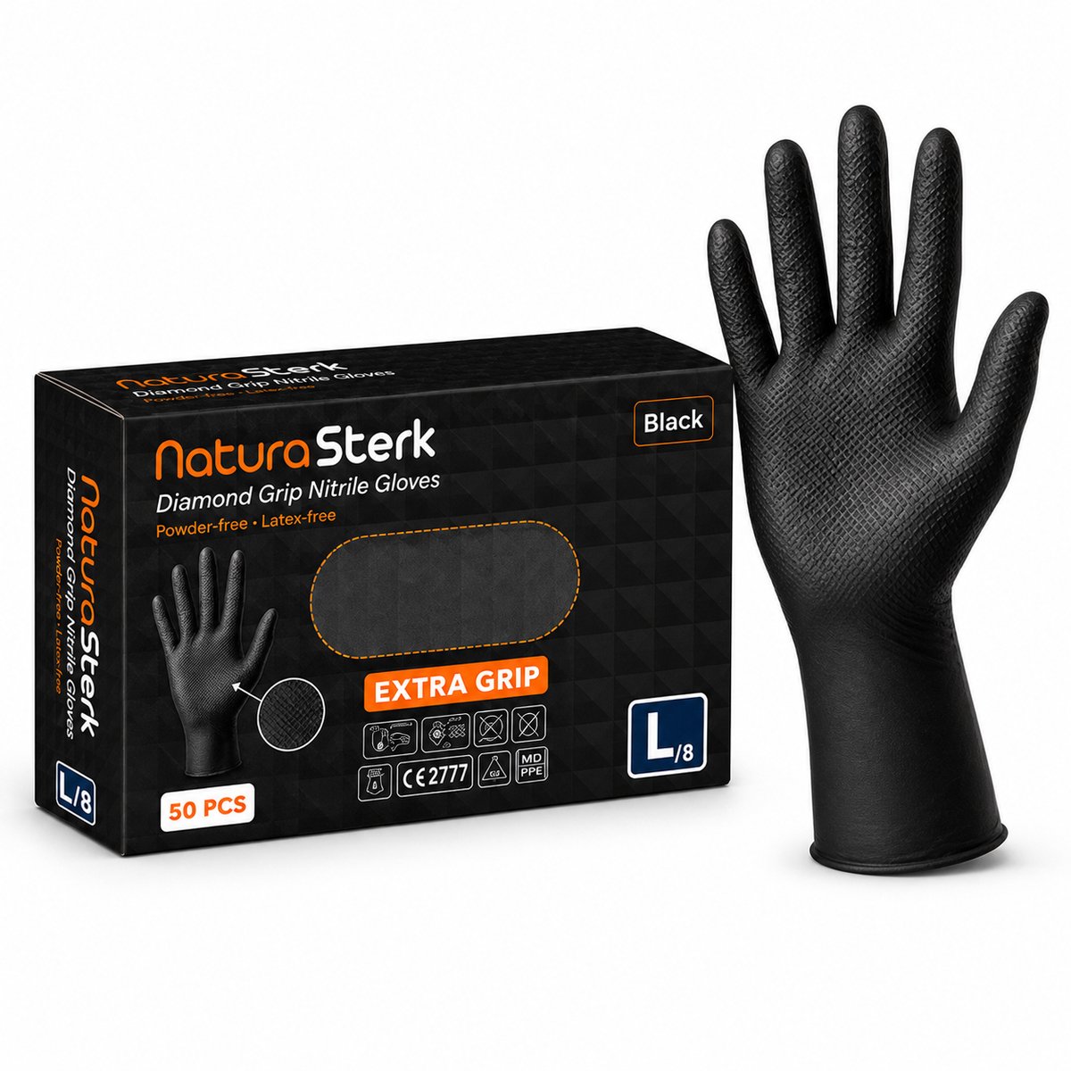 NaturaSterk Diamond Grip Nitril Handschoenen Zwart L/8 – 8 Gram – Extra Grip – Poedervrij & Latexvrij – 50 Stuks