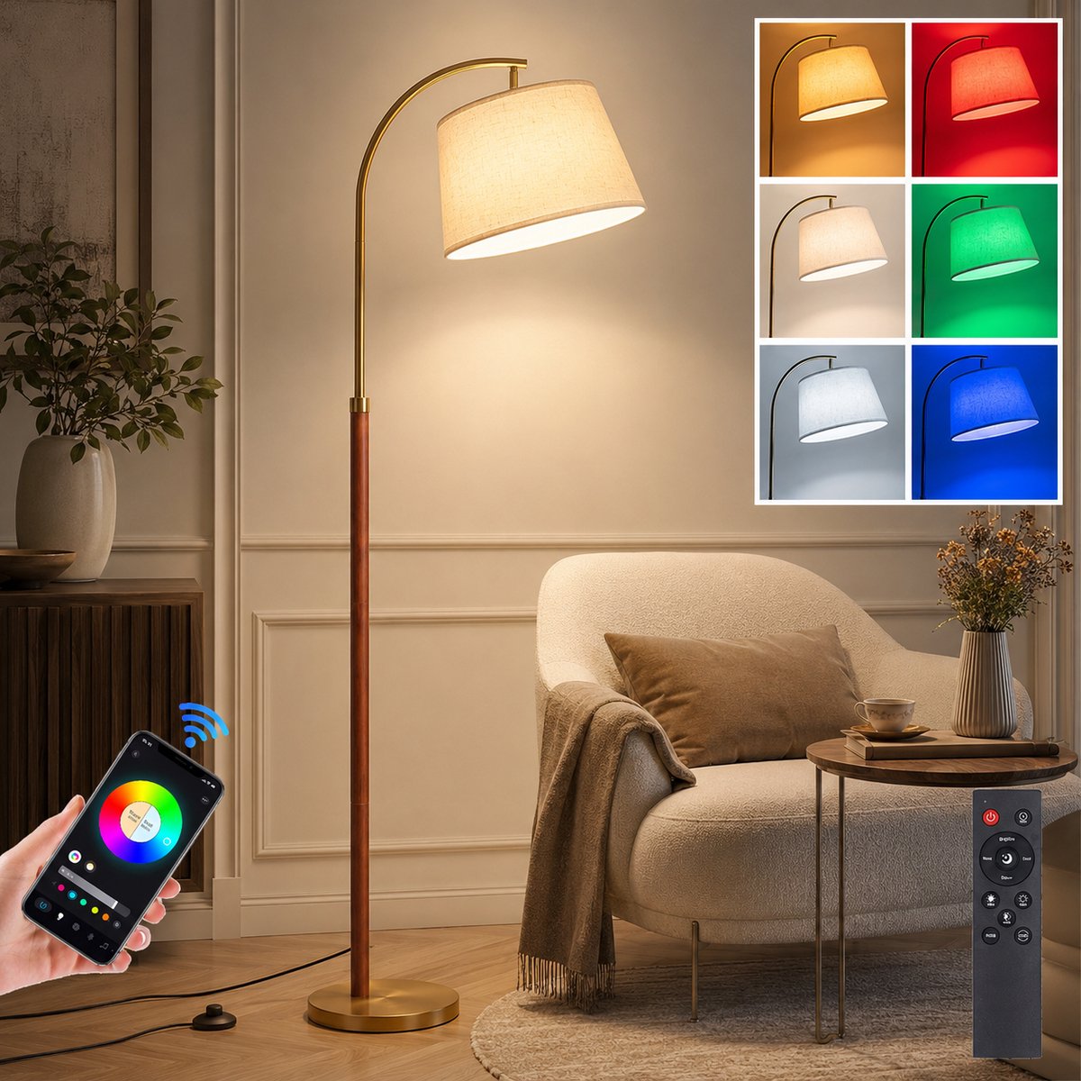 Lapamax Scandinavisch Slimme Vloerlamp -Staande Lamp met Houten Paal en Linnen Lampenkap - RGB+CCT Dimbaar met APP & Afstandsbediening - Slimme Sfeerverlichting voor Woonkamer, Leeshoek en Slaapkamer