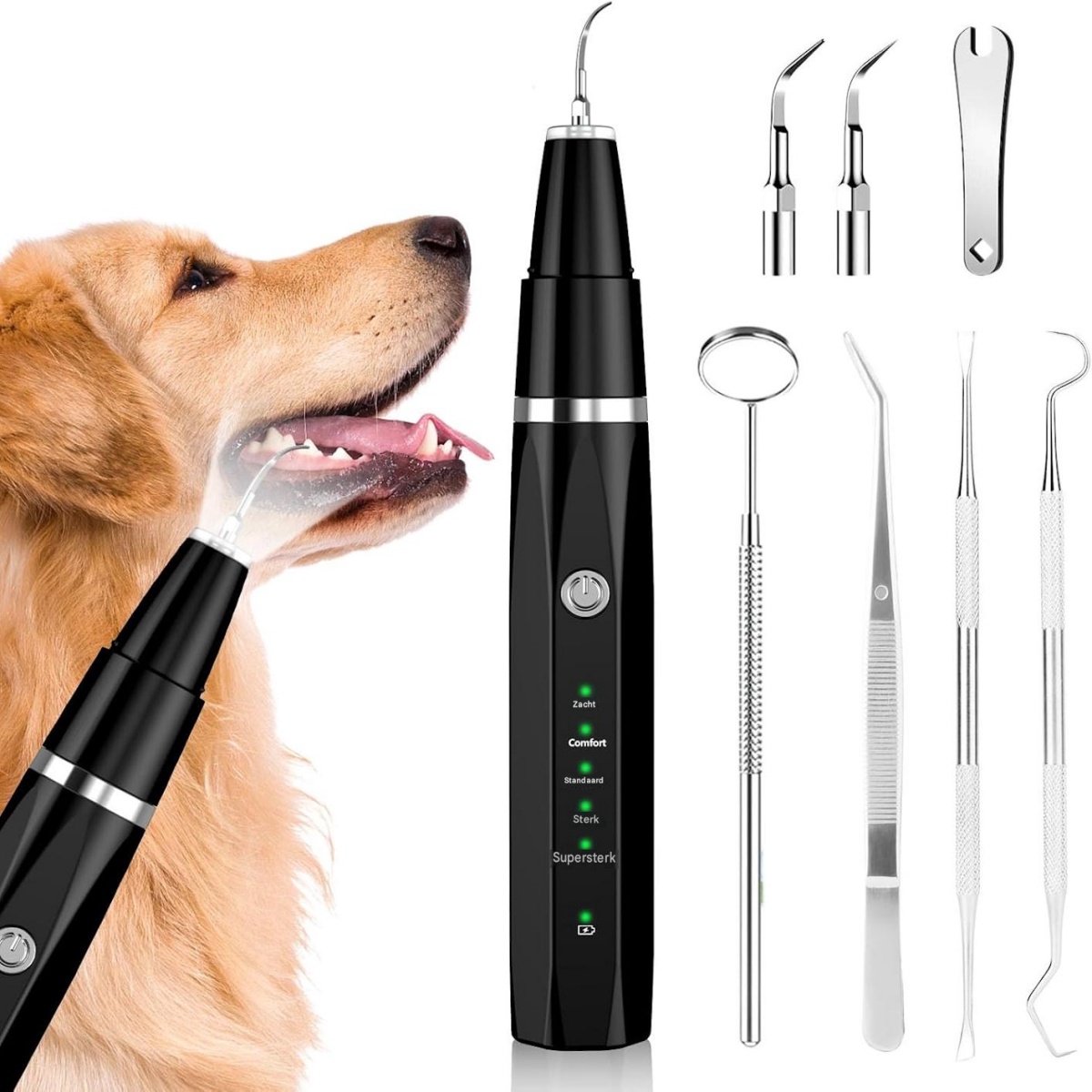 SSTRWGOOD Reinigingsset voor hondentanden – Ultrasone gebitsreiniger voor huisdieren – Mondverzorging voor honden en katten – Zwart – 5 reinigingsstanden – Geschikt voor het verwijderen van tandsteen