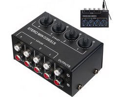 Audio Mixer Stereo passieve mixer, 4-kanaals stereo audiomizer met onafhankelijke volumeregelaars, compacte DJ-mixer voor studio, clubs, bars, menginstrumenten
