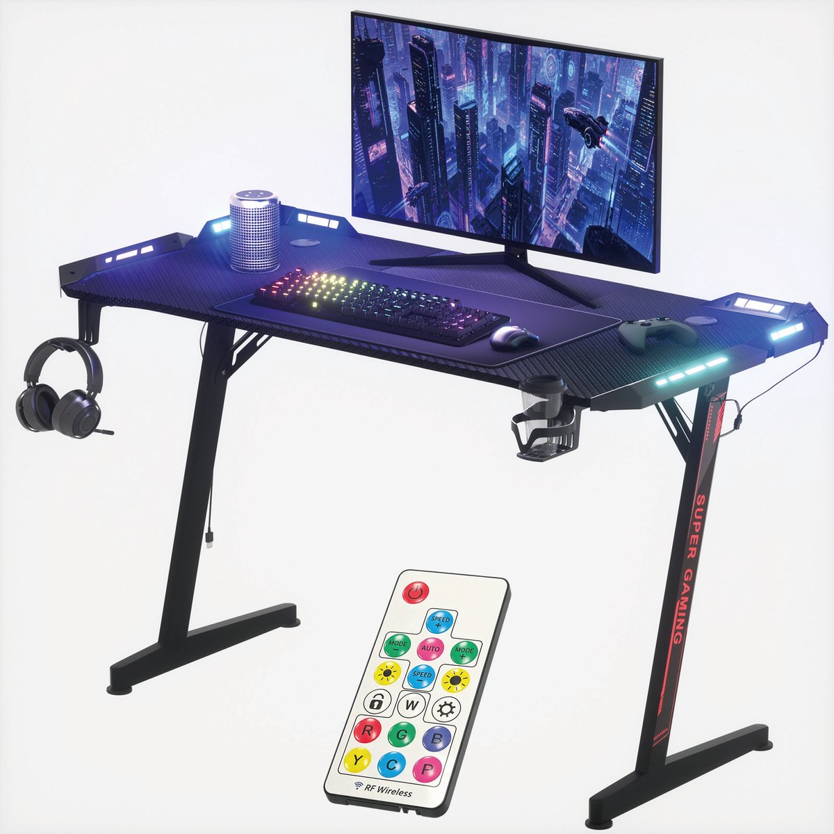 Soontrans - Gaming Bureau - 120x60x73cm - Zwart Bureau - Computertafel - Gaming Tafel - Met LED Verlichting - Bekerhouder - Hoofdtelefoonhouder - Tafel met één Niveau
