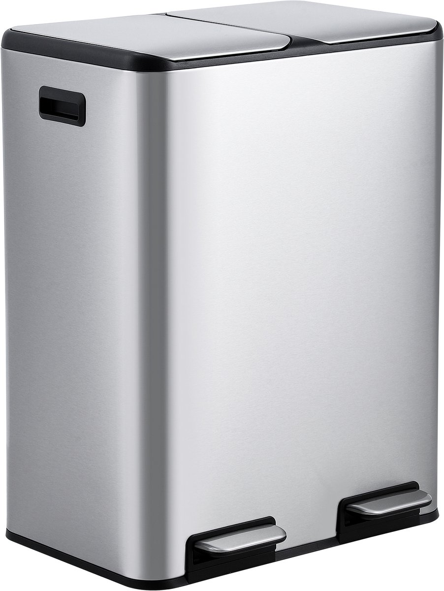 Pedaalemmer Smal RVS 60L (2x30L) - 52.5x38x66.5cm - Prullenbak - Afvalscheidingsbak - Soft Close Deksel - Binnenemmers Uitneembaar - Vingerafdrukbestendig - Voor Kantoor Keuken - Rechthoekig - Zilver