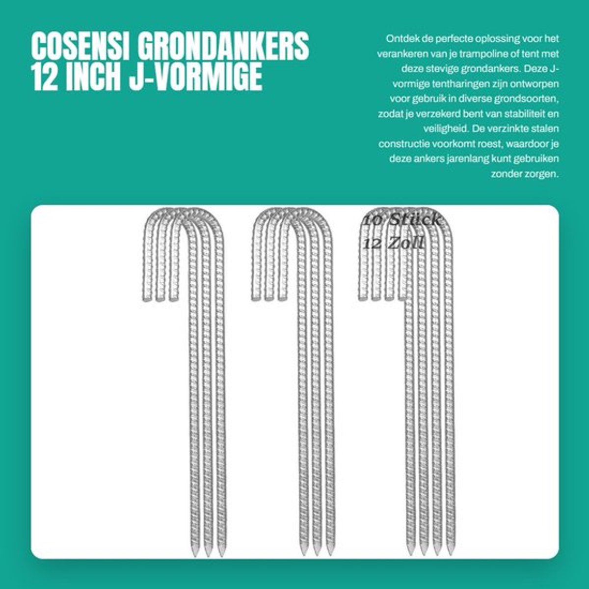 Grondankers 30 cm - J-vormige Grondpennen - Verzinkt Staal - Antiroest - Voor Tenten/Trampolines - Puntig Uiteinde - Grondpalen