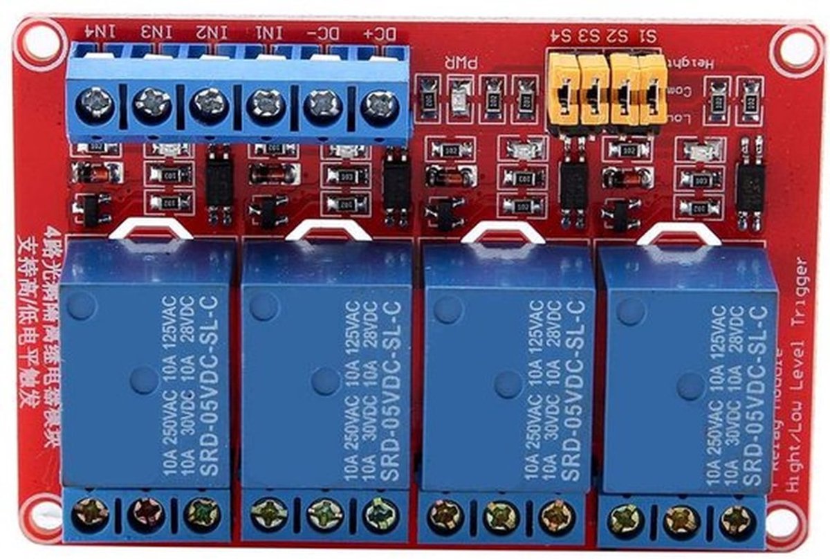 4-kanaals relaismodule, 5 V/12 V/24 V, optokoppeling relaismodulekaart boven en onder voor (5V)