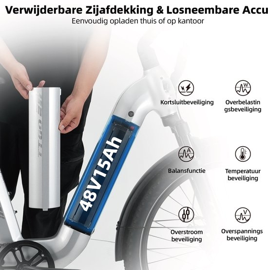27,5 inch Elektrische Fiets - Full Suspension Elektrische Mountainbike -Softtail Frame - 120 km Actieradius - 720Wh Grote Accu(48V 15Ah) - 70Nm Krachtig Koppel - Hydraulische Schijfremmen - Shimano 7 Versnellingen - Elektrische Stadsfiets - Zilver — afbeelding 3