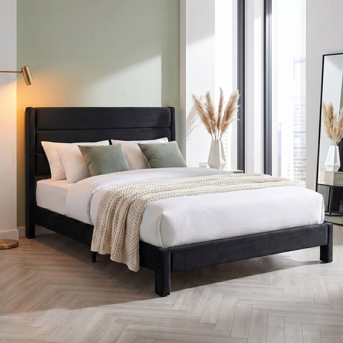 KUTAS Tweepersoonsbed 140 x 200 cm - Gestoffeerd Bedframe - Metalen Frame - Houten Lattenbodem - 500 kg Draagvermogen - Zwart