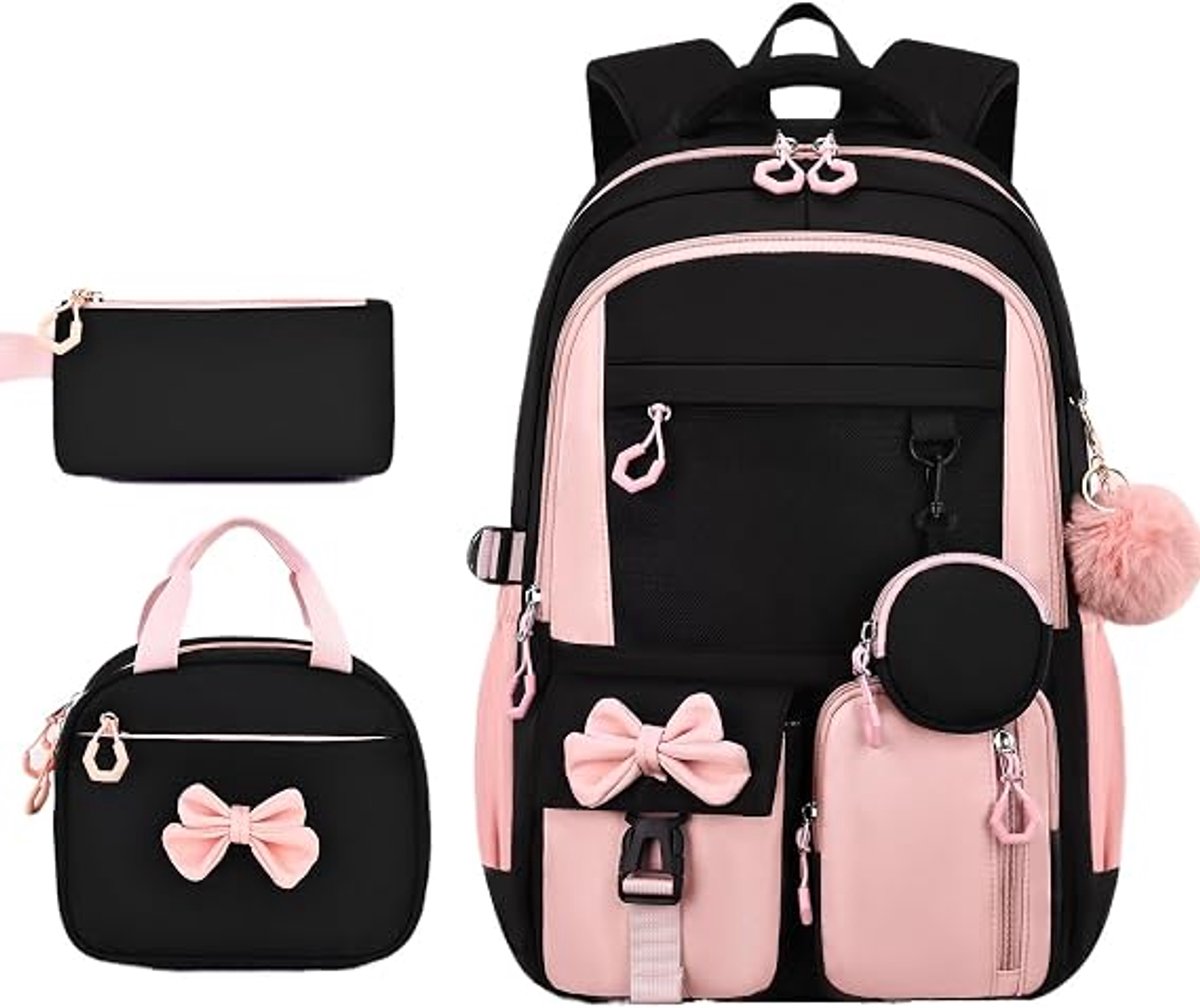 KZQ 3-delige rugzakset - Inclusief lunchtas en etui - Geschikt voor school, reizen en dagelijks gebruik - Gemaakt van nylon - Zwart/Roze - 44 x 34 x 6 cm