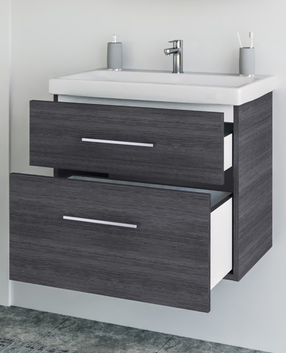 Planetmöbel Badkamermeubel Set 63 cm – Antraciet – Wastafelonderkast met Keramische Wastafel – 2 Lades – Soft-Close – Voorgemonteerd