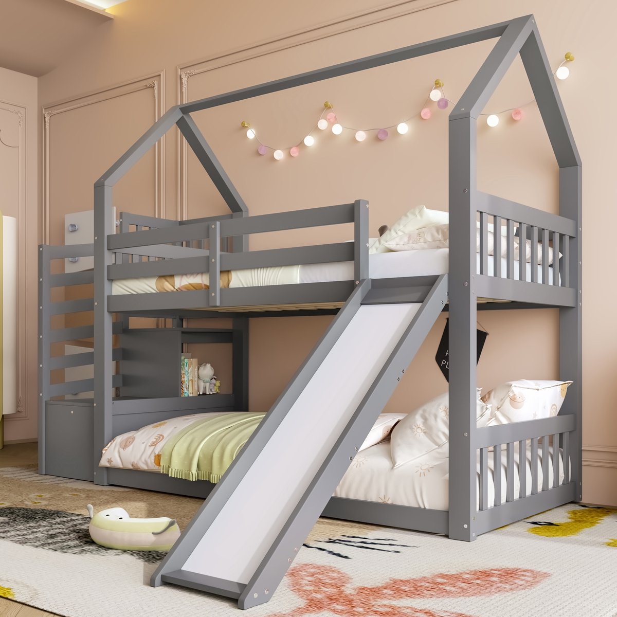 Stapelbed 90x200 cm - Met Opbergruimte - Met Ladder - Met USB-Oplaadpunt - Grijs