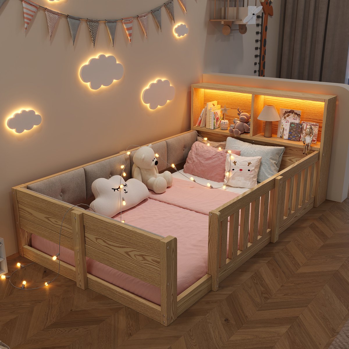 Gestoffeerd Bed 90x200 cm - Met LED-Verlichting - Met Opbergruimte - Met Valbeveiliging - Natuurlijk