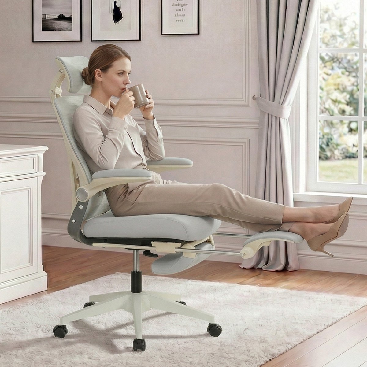 MIVRAY Bureaustoel 102 tot 129 Cm Klapbaar Ergonomisch Met Netrugleuning Hoofdsteun Lendensteun Voor Thuis En Kantoor Grijs