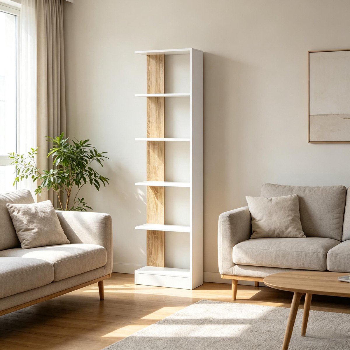 MIVRAY Boekenkast – Open Ontwerp Met 5 Vakken – 45 X 21 X 170 Cm – Spanplaat – Wit En Eikenhout – Voor Woonkamer Slaapkamer En Kantoor