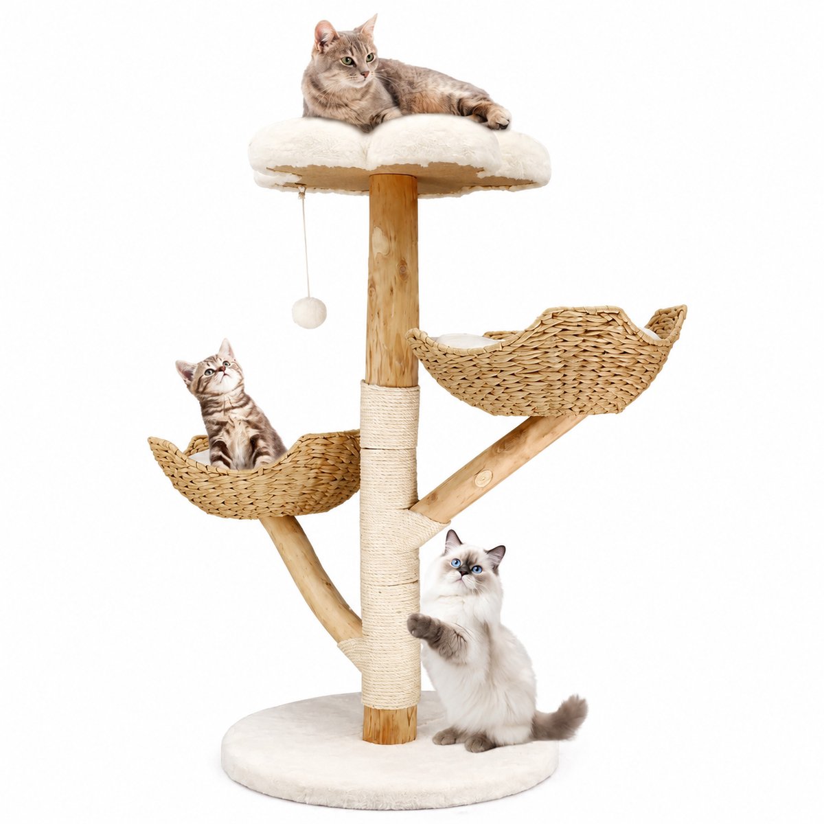 Nyoz kattenmeubel - Krabpaal - Kattenboom - Kattenmeubel - 3 niveaus - Natuurlijk hout - Zachte rustplekken - Krabpaal sisaltouw