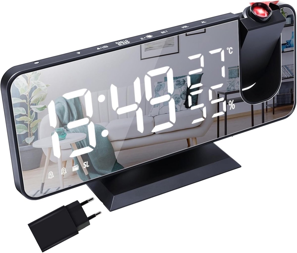 Digitale Wekker met Projector - Zwart-Wit - 7,4 inch - Met FM-radio en Temperatuurweergave - Voor Thuisgebruik
