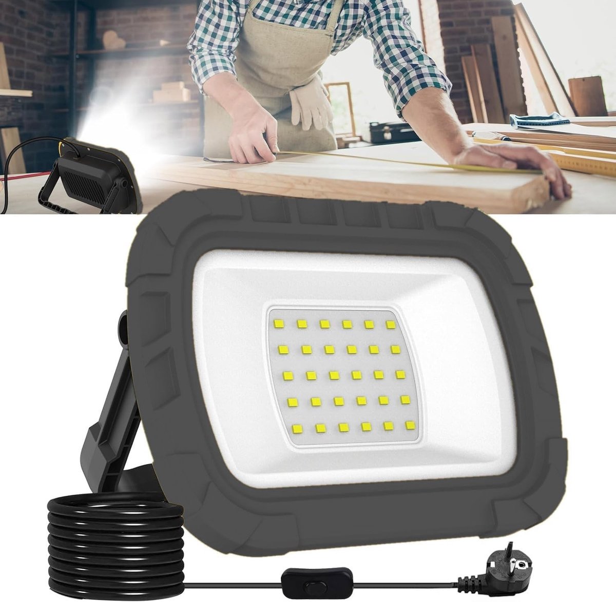 Led-werklamp - Draagbaar - 19,5 x 5 x 18 cm - Energiezuinige 30 W Bouwlamp met Stekker en 1,8 m Kabel - Voor Werkplaats of Bouwplaats