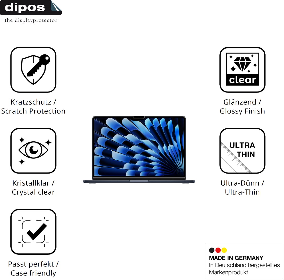 dipos – 2x Beschermfolie geschikt voor Apple MacBook Air M3 15 Zoll 2024 | Krasbestendige & heldere Screenprotector Ultra-Thin