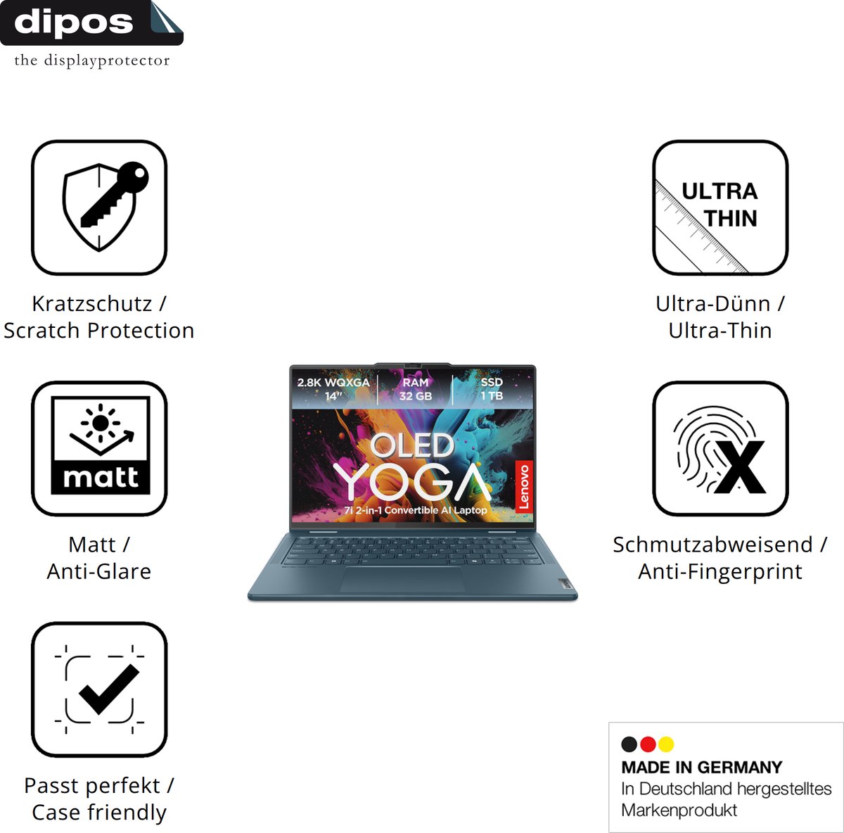 dipos – 2x Matte Beschermfolie geschikt voor Lenovo Yoga 7i 2-in-1 Gen10 14 Zoll | Krasbestendige & antireflecterende Screenprotector Ultra-Thin