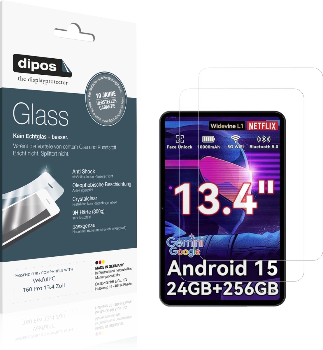 dipos – 2x Pantserfolie geschikt voor VekfulPC T60 Pro 13.4 Zoll | 9H Screenprotector