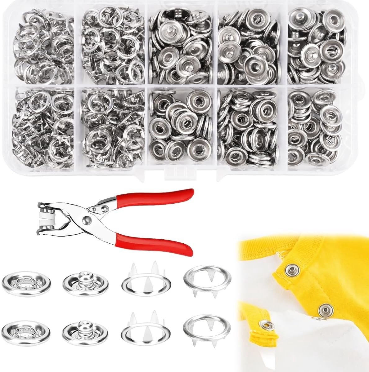 100 Stuks Drukknopen met Tang, 9.5mm Drukknopen Zonder Naaiwerk, Perfect voor Doe-Het-Zelf Projecten, Kinderkleding en Kledingzakken, Duurzaam en Betrouwbaar