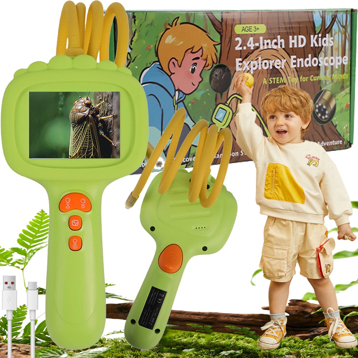 Kinder Endoscoop - Onderzoekscamera voor Kinderen - 2,4 Inch IPS-Scherm - 2 MP Camera met 8 LED-Lampen - 0,8 m Flexibele IP67 Kabel - 3x Vergroting - Voor Insecten, Planten, Tuin en Buitenavonturen